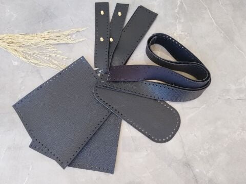 S.Deri Parçalı Kova 5li Çanta Seti Lacivert