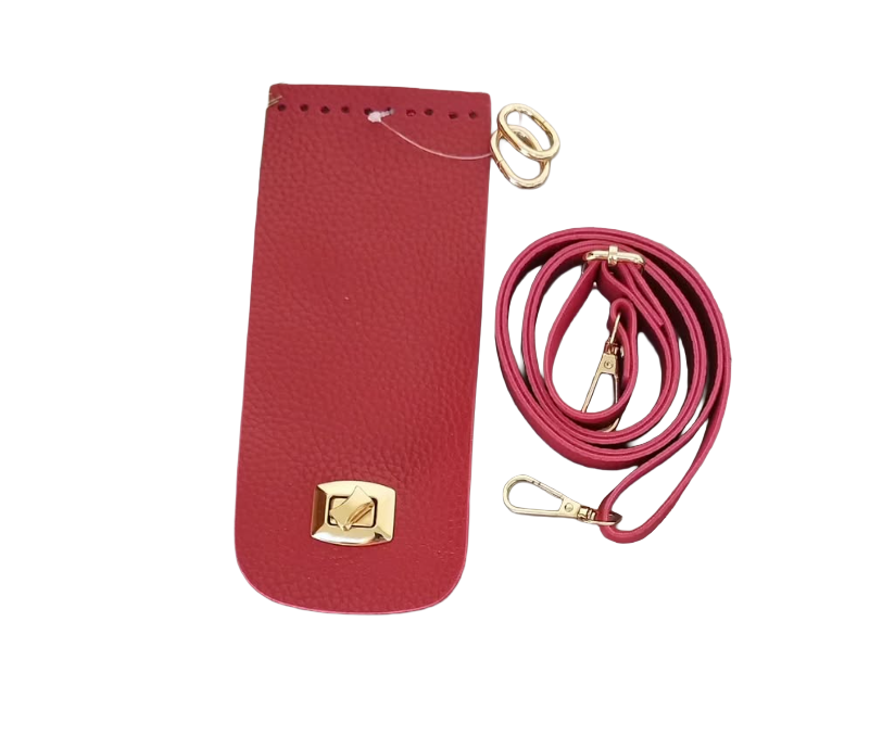 Özel Derili Gold Kilitli Telefon Seti Kapak 20x8,5cm Askı 100cm + 2 Yaylı Halka Kırmızı