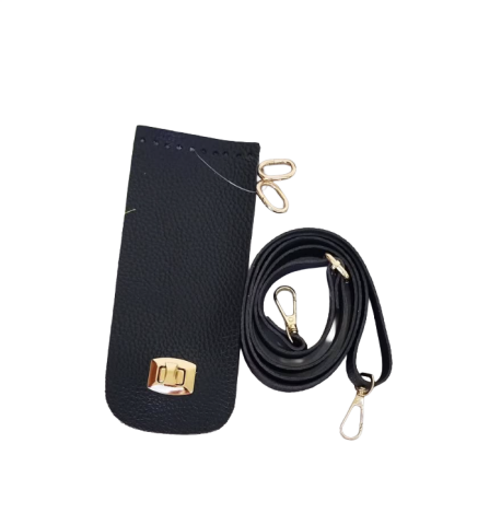 Özel Derili Gold Kilitli Telefon Seti Kapak 20x8,5cm Askı 100cm + 2 Yaylı Halka Siyah