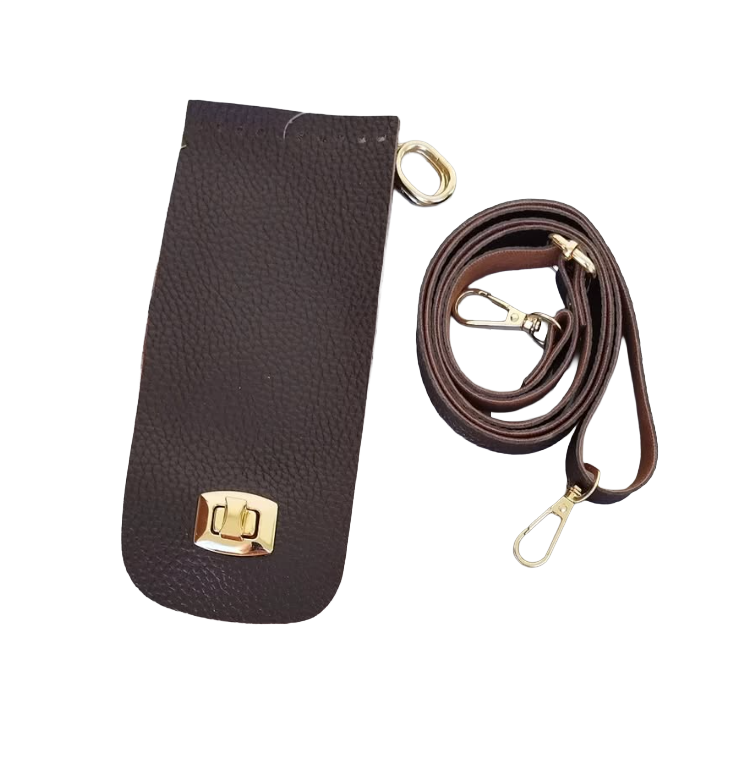 Özel Derili Gold Kilitli Telefon Seti Kapak 20x8,5cm Askı 100cm + 2 Yaylı Halka Kahve