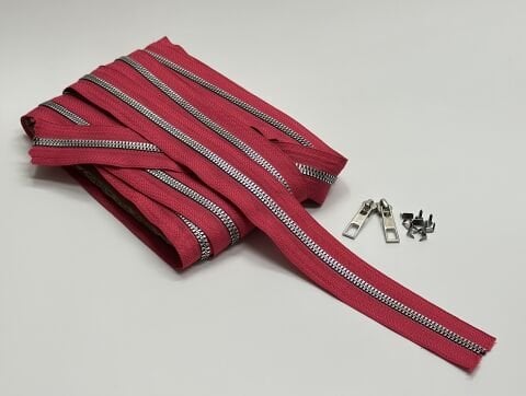 Çanta Fermuar T-6 Kemik Fuşya-Gümüş 1mt (2 Adet Fermuar Ucu ve 4 Adet Metal Stop Hediye)