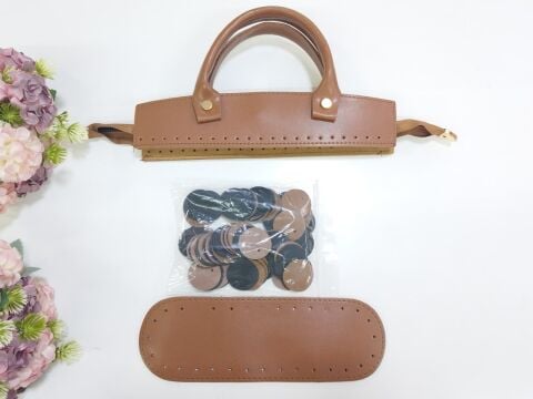 Suni Deri Pullu 25cm Fermuarlı Tutmaçlı Çanta Seti Taba