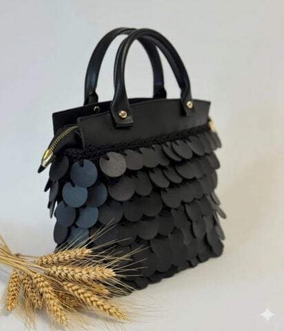 Suni Deri Pullu 25cm Fermuarlı Tutmaçlı Çanta Seti Siyah