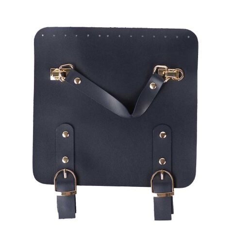 Suni Deri Tutacaklı Çift Çıtçıtlı Çanta Kapağı 21x22cm Lacivert