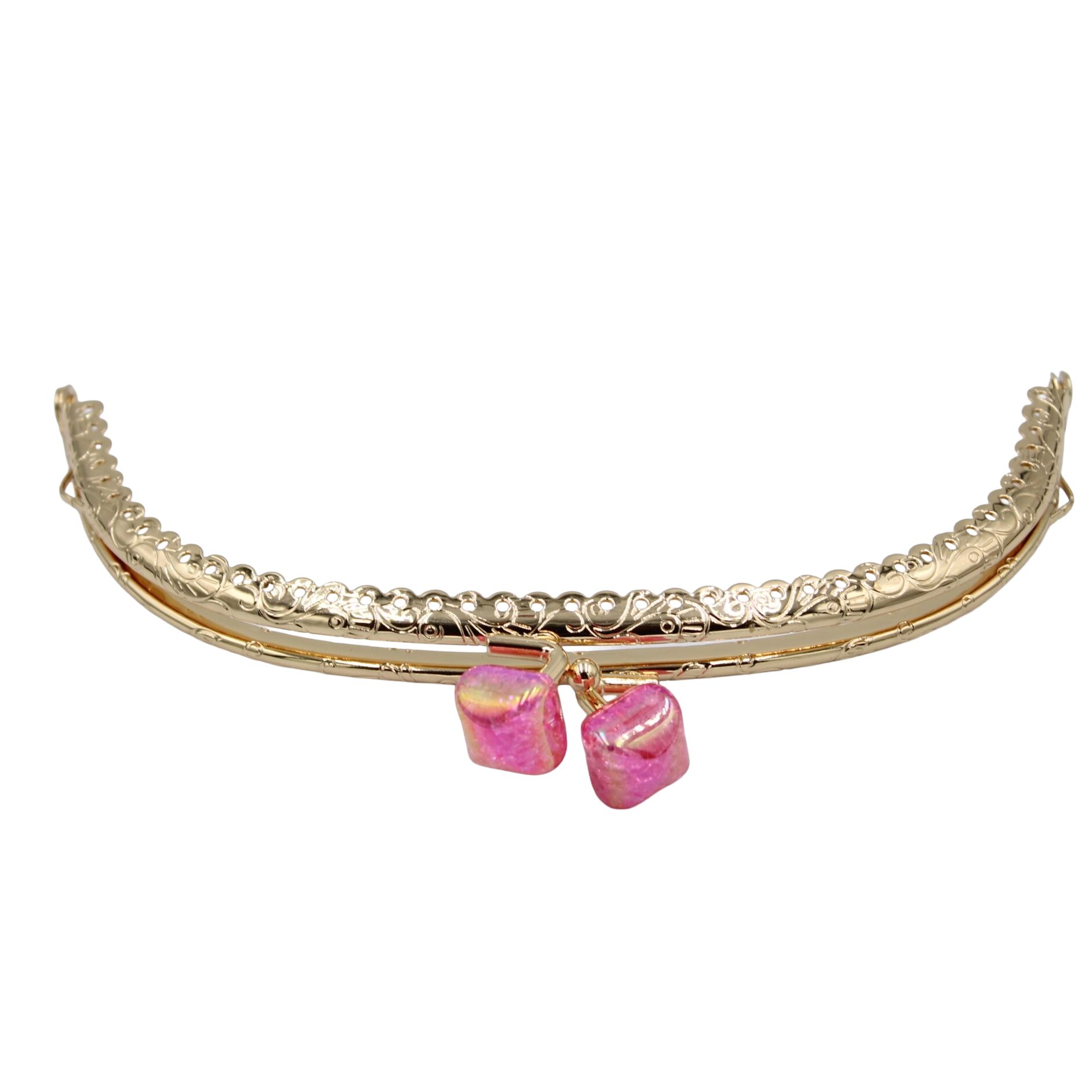 Oval Çanta Ağzı Klipsli Taşlı 15,5cm Gold- Pembe