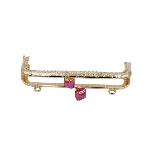 Dikdörtgen Çanta Ağzı Klipsli Taşlı 15cm Gold- Fuşya